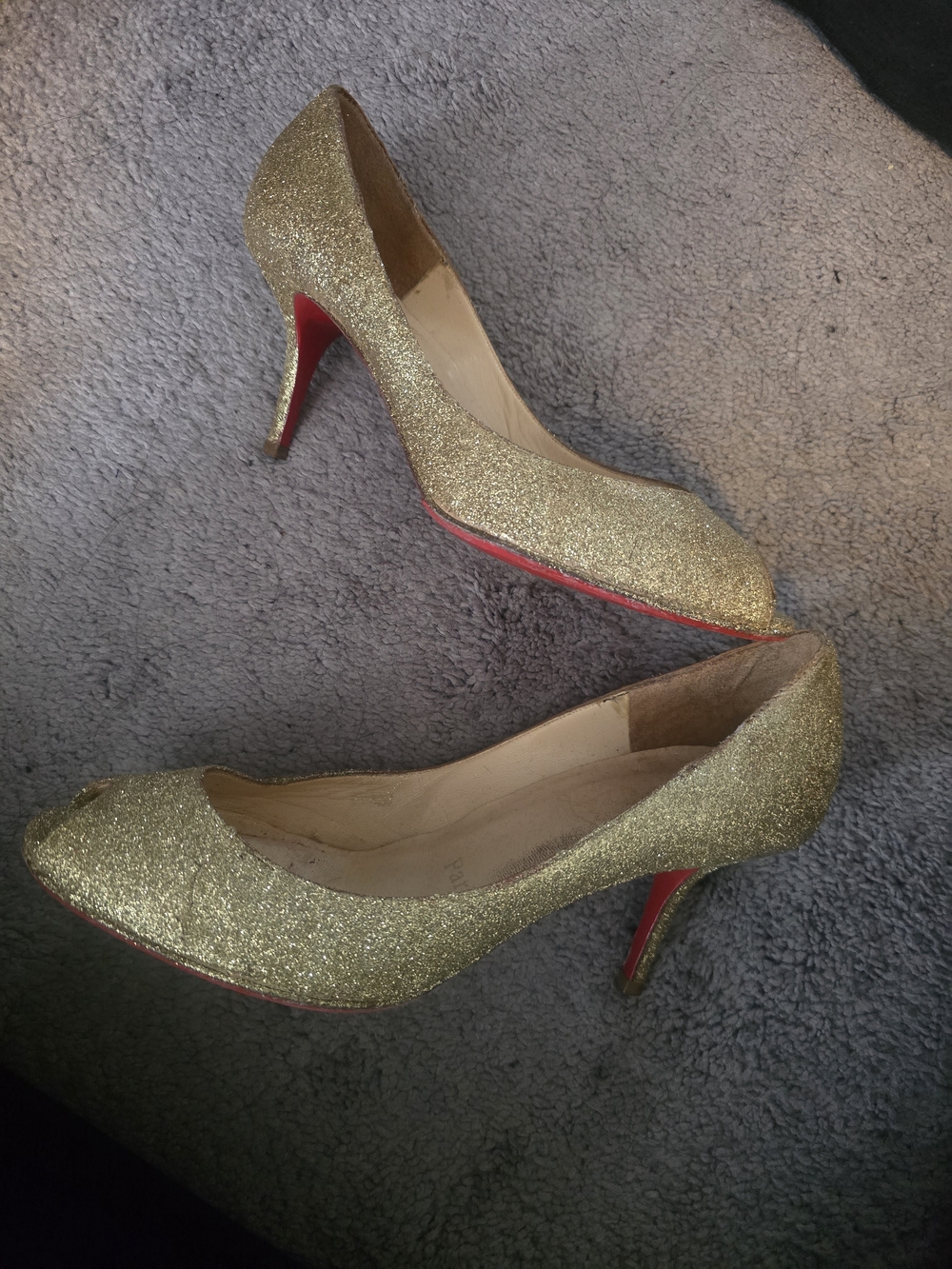 Christian Louboutin Gold Glitter Peep-Toe Pumps with Red Soles